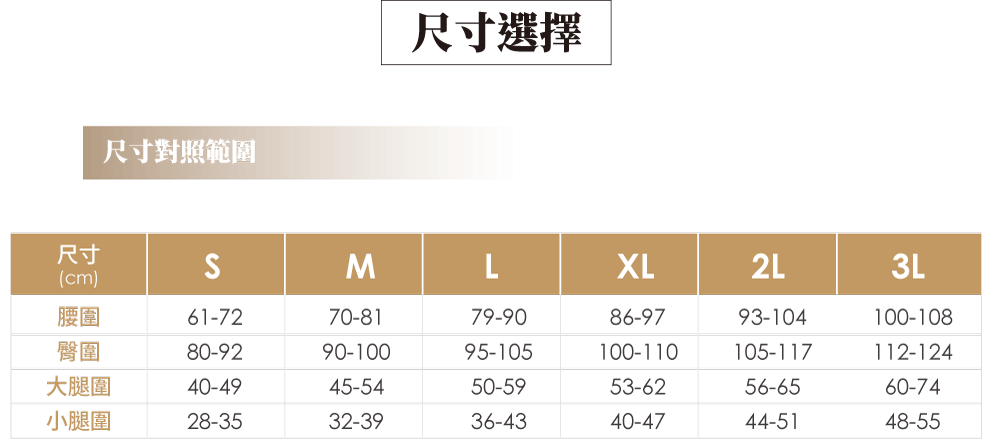 snug體態調整壓縮褲尺寸表