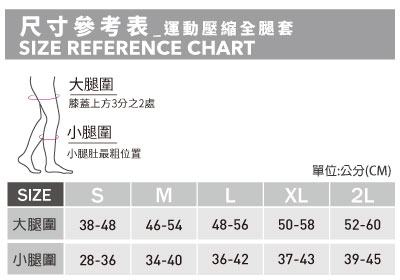 運動壓縮全腿套止滑款尺寸表