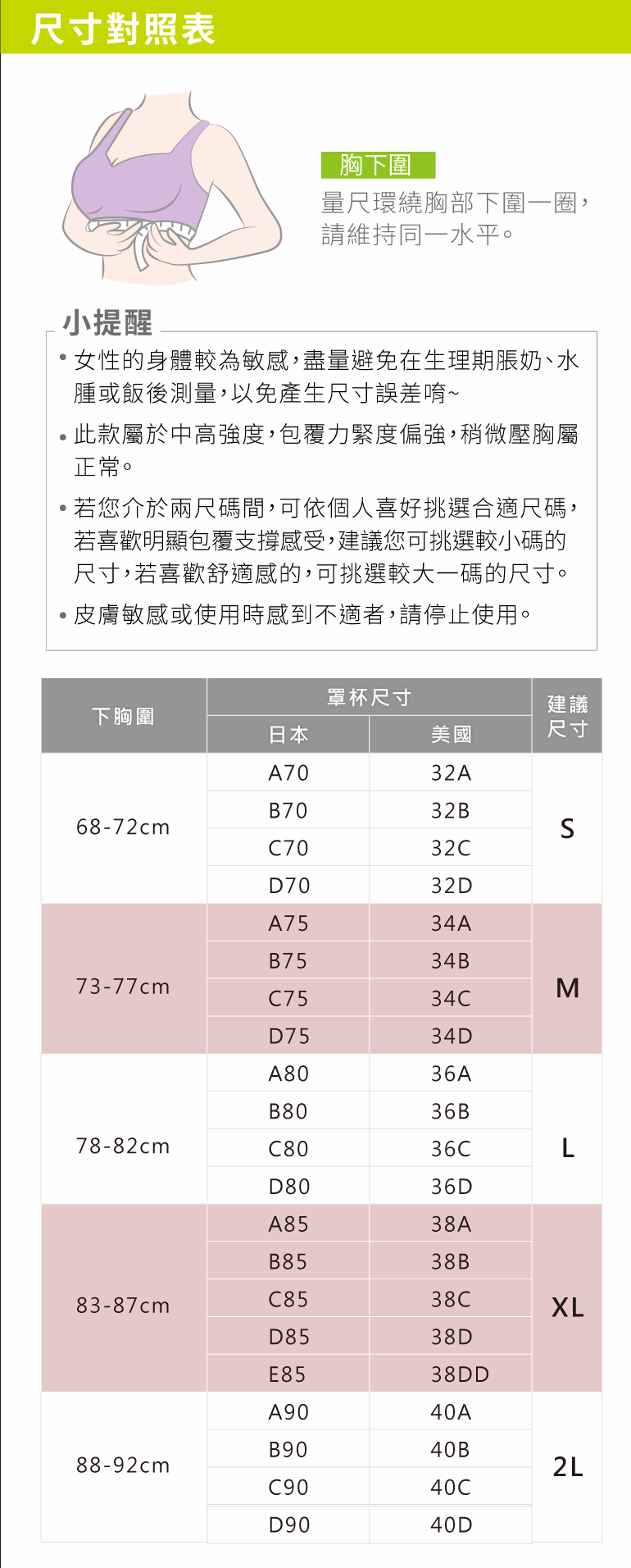 中高強度機能運動內衣尺寸表