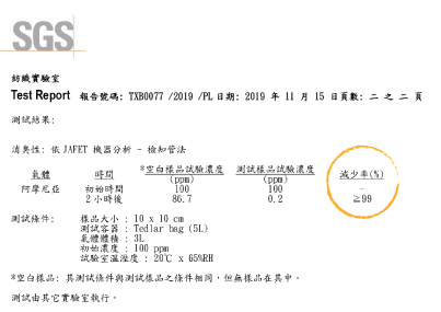 SGS 99%以上除臭檢驗證明